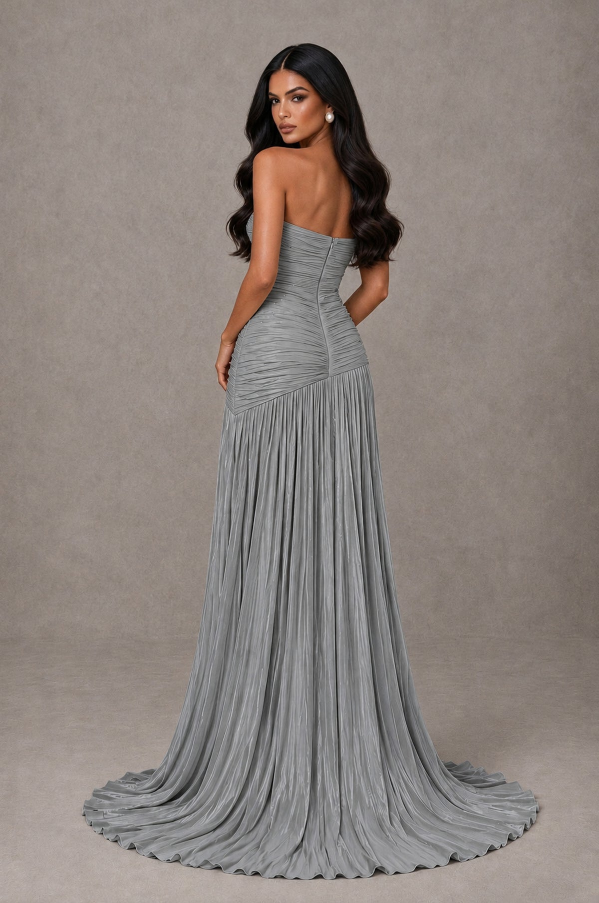 BOLODOO Grey Metallic Ruched Strapless Pleated A-Line Backless Maxi Dress with Train - Grey - Grey_2