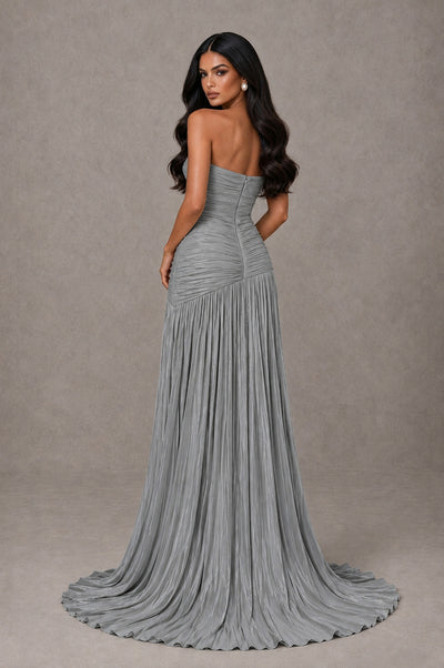 BOLODOO Grey Metallic Ruched Strapless Pleated A-Line Backless Maxi Dress with Train - Grey - Grey_2