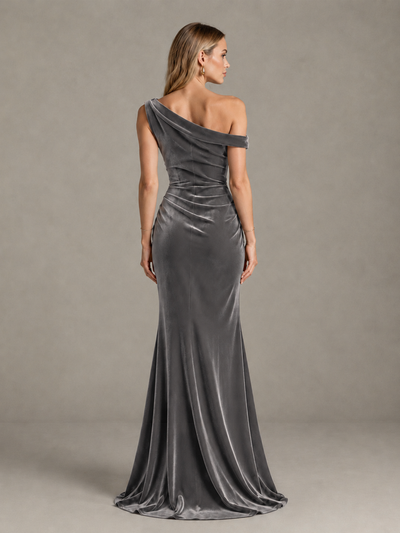 BOLODOO Grey One-Shoulder Velvet Mermaid Evening Gown - Grey - Grey_2