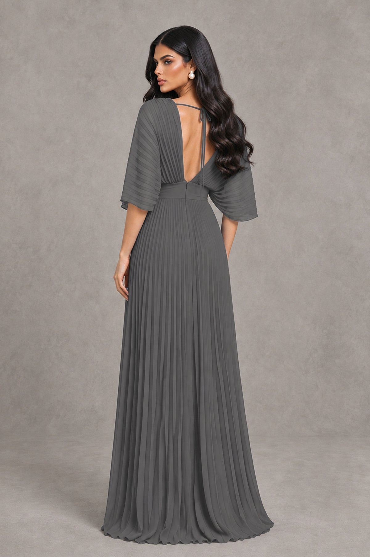 BOLODOO Grey V-Neck Pleated Flutter Sleeve Formal Dress - Grey - Grey_2