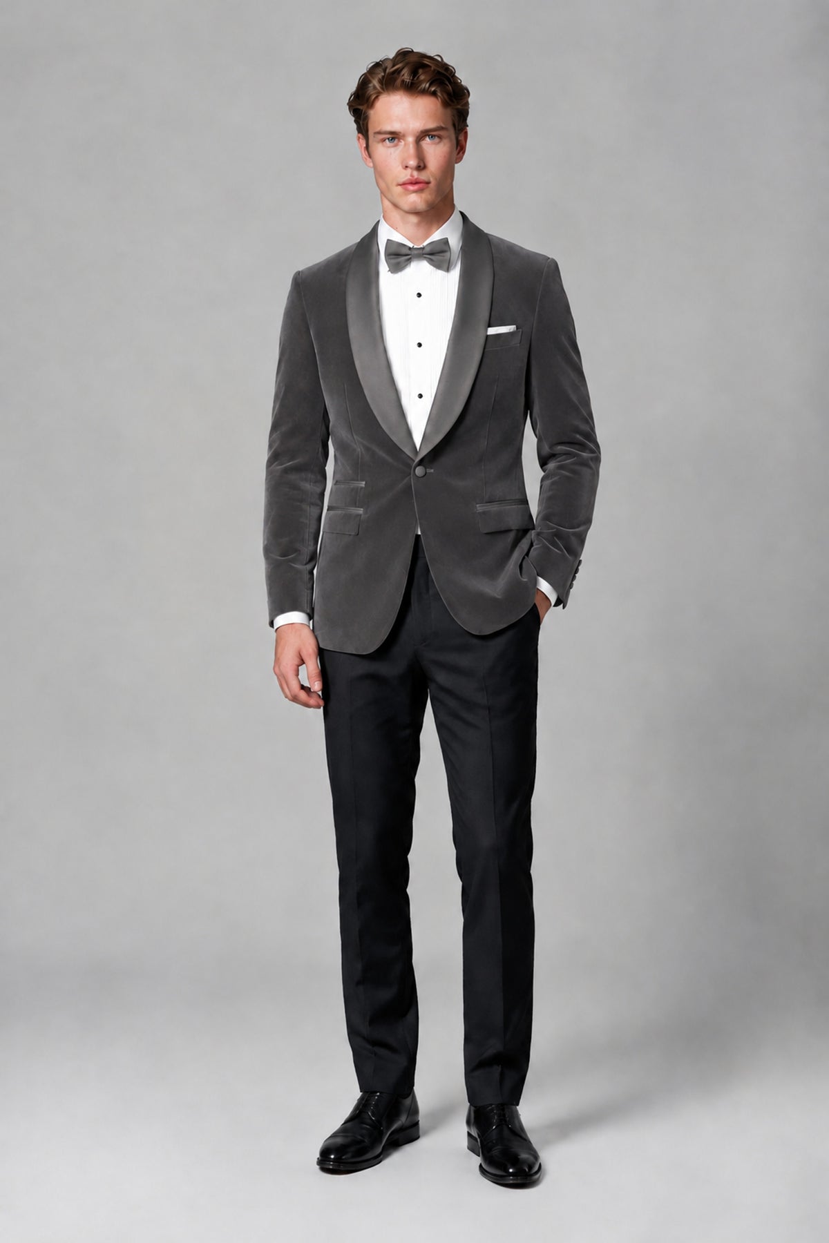 BOLODOO Men's Grey Velvet Blazer | Shawl Lapel Tuxedo Jacket - Grey - Grey_2