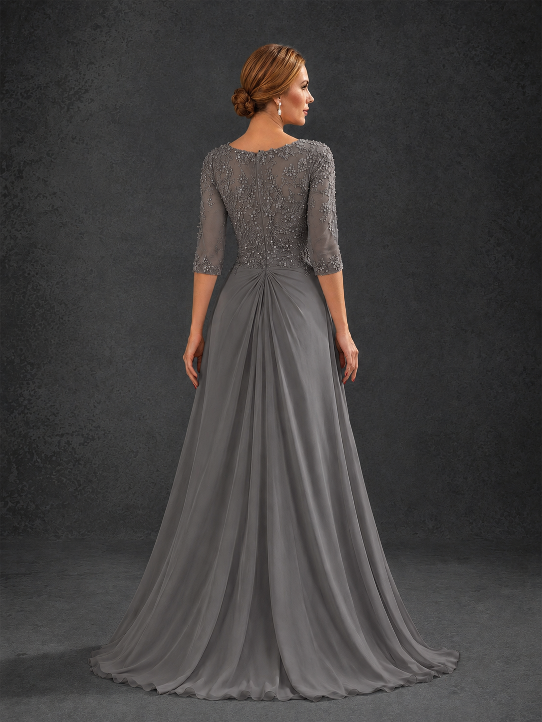 BOLODOO Grey Sweetheart Neck 3/4 Sleeve Floral Lace Illusion Bodice Chiffon A-Line Gown - Grey