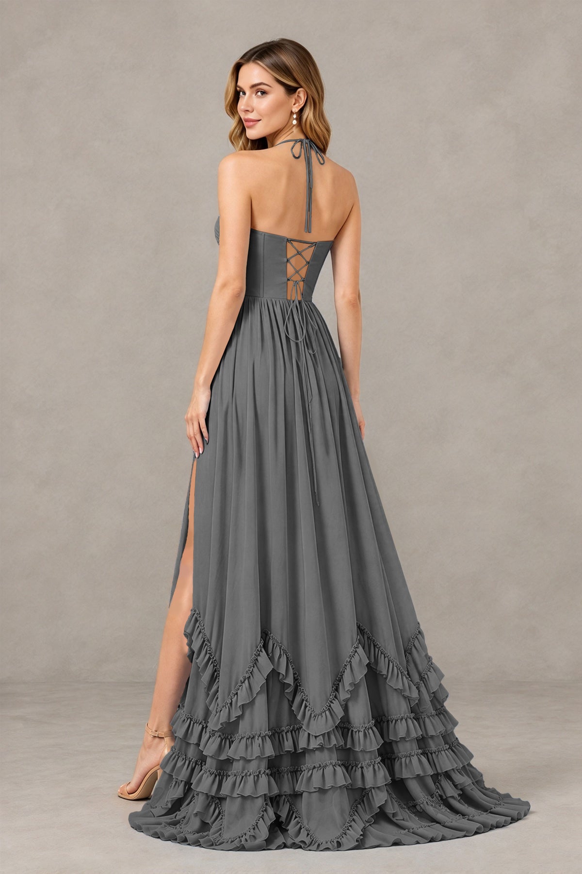 BOLODOO Grey Halter Ruffle Hem A-Line Bridesmaid Dress with High Slit - Grey - Grey(2)