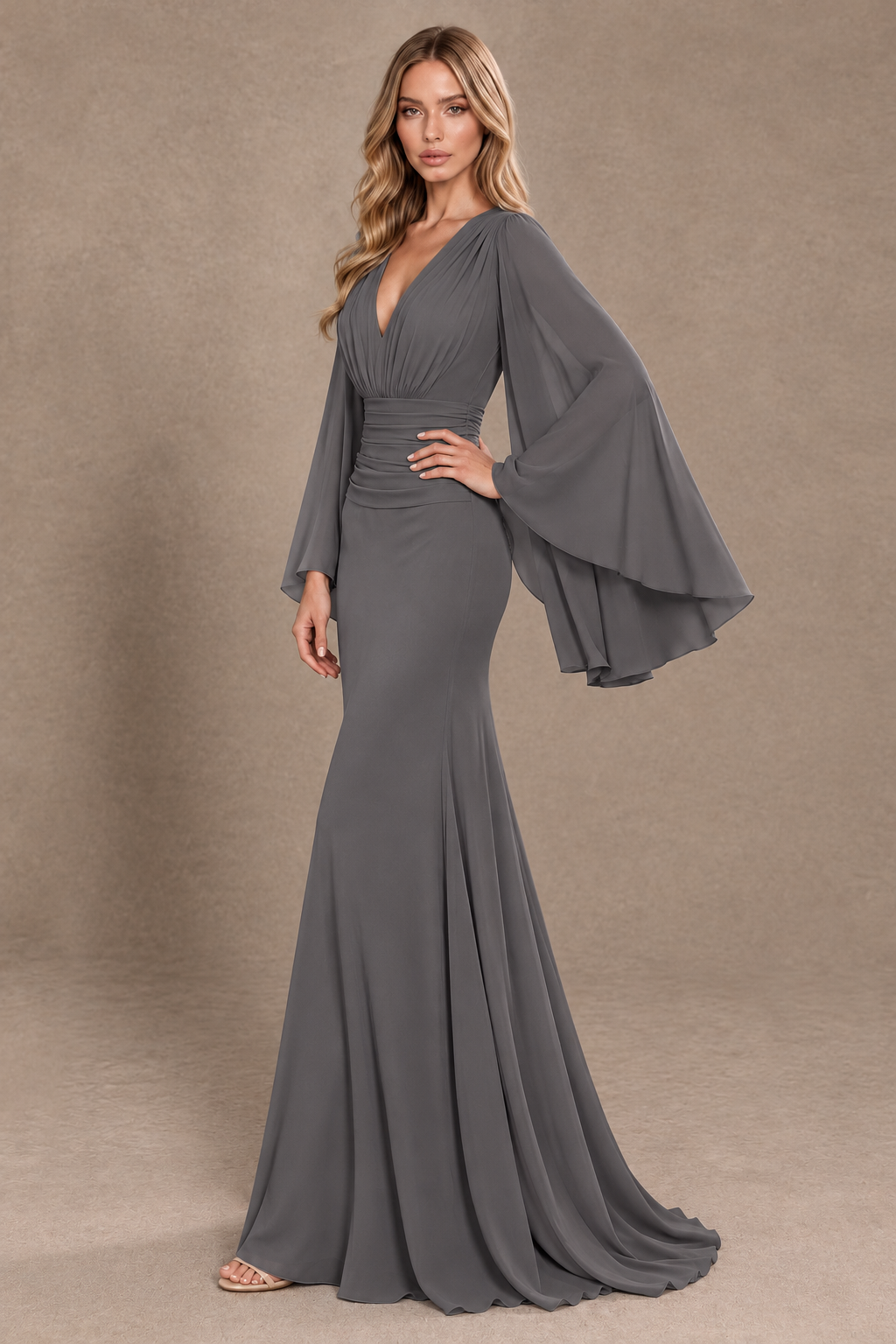 BOLODOO Grey Cape Sleeve V-Neck Ruched Chiffon Evening Dress - Grey - Grey_2