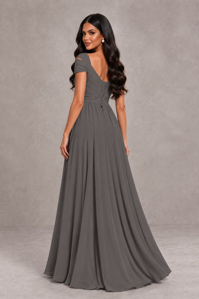 BOLODOO Grey Cold Shoulder Chiffon Evening Dress with V Neck and High Slit - Grey - Grey_2