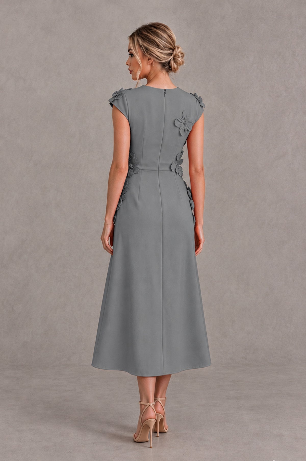 BOLODOO Grey 3D Floral Cap Sleeve Midi Cocktail Dress - Grey - Grey_2