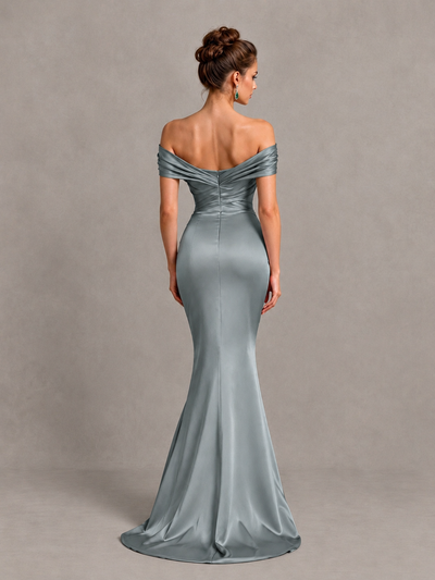 BOLODOO Grey Off-Shoulder Satin Mermaid Prom Dress - Grey - Grey_2
