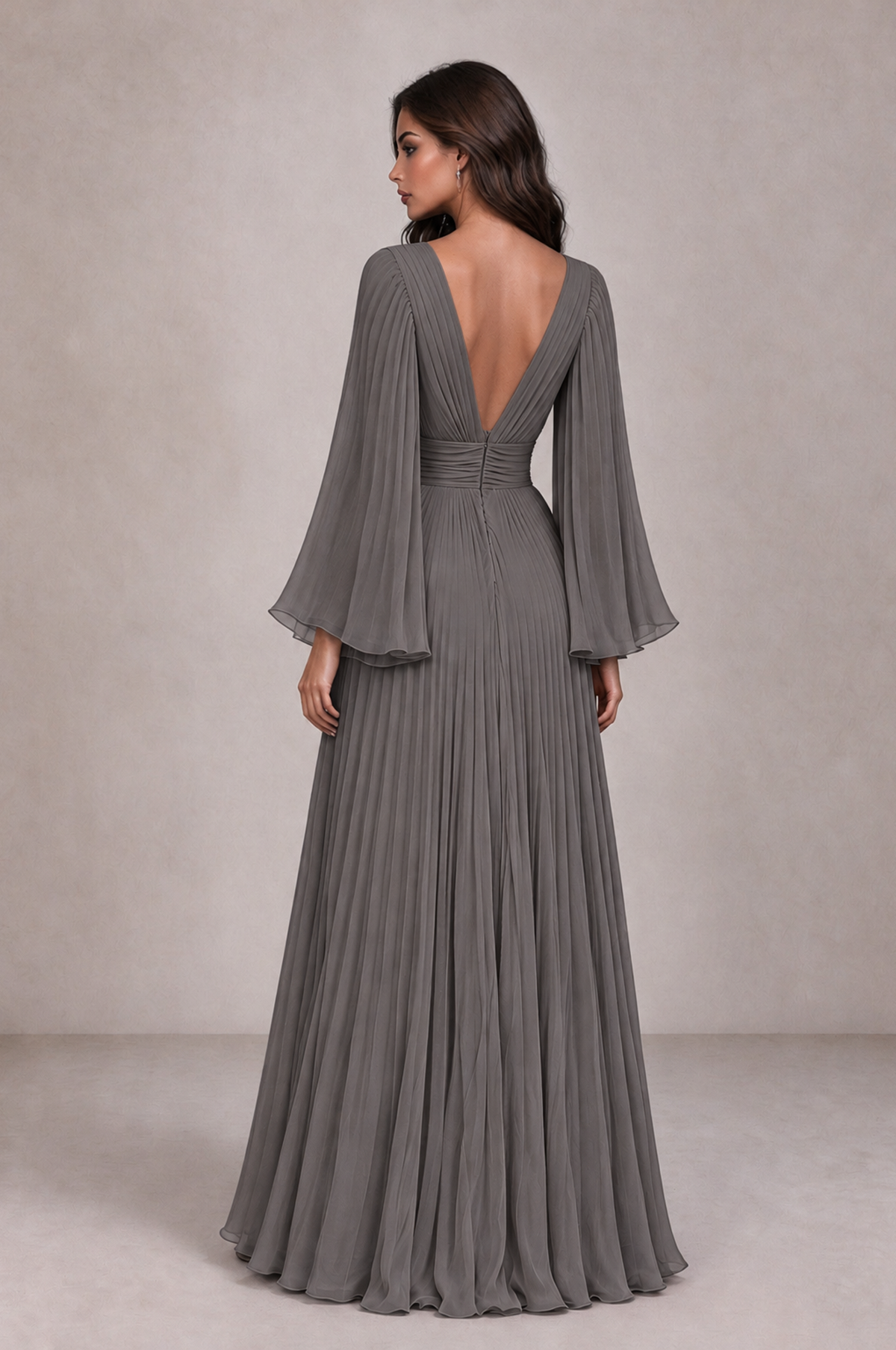 BOLODOO Grey Pleated Deep V-Neck Long Bell Sleeve Evening Dress - Grey - Grey_2