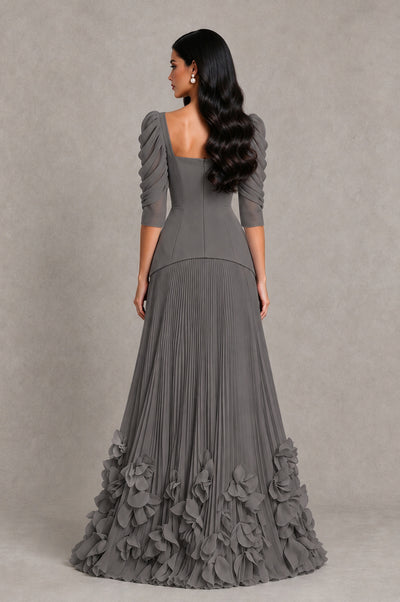 BOLODOO Grey Square Neck Pleated Floral Applique Evening Dress - Grey - Grey_2