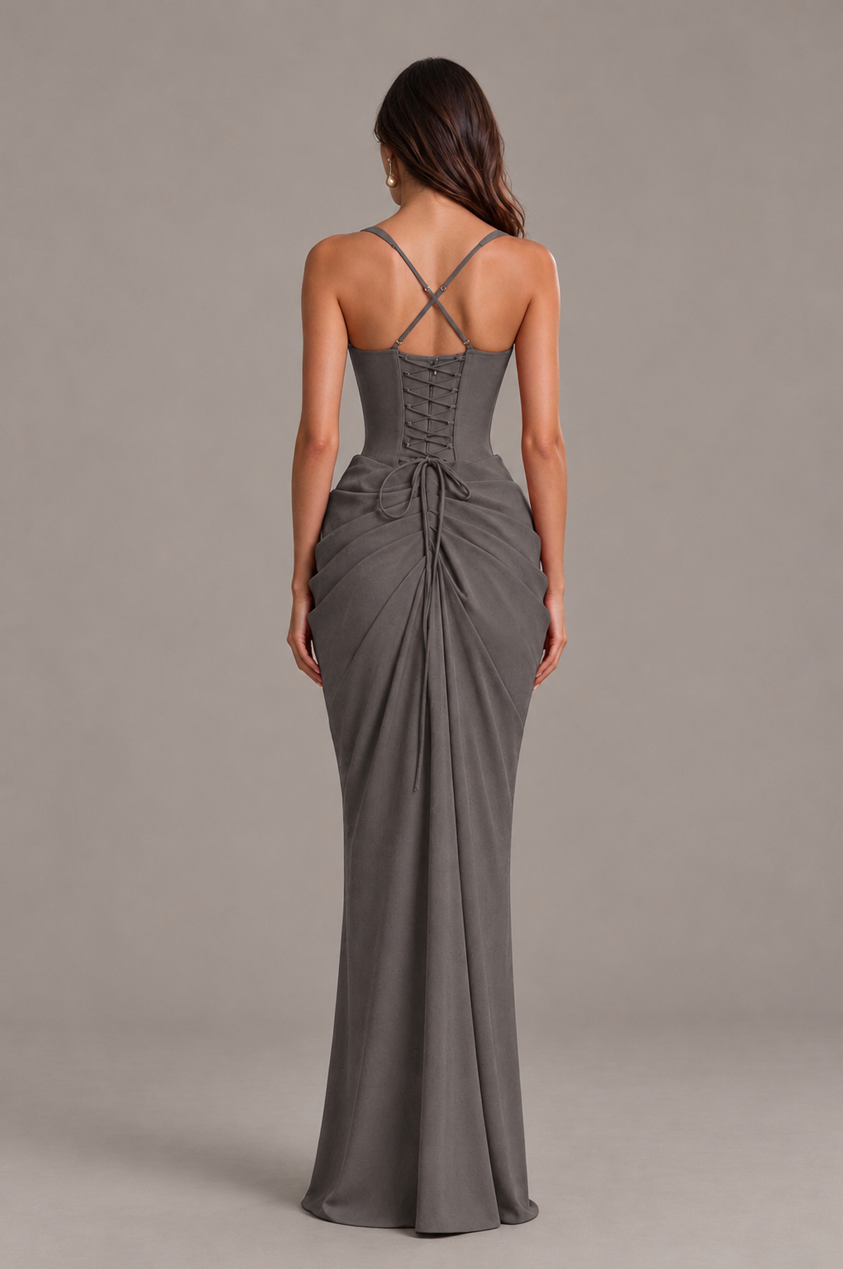 BOLODOO Grey Sweetheart Ruched Lace-Up Back Evening Gown - Grey - Grey_2