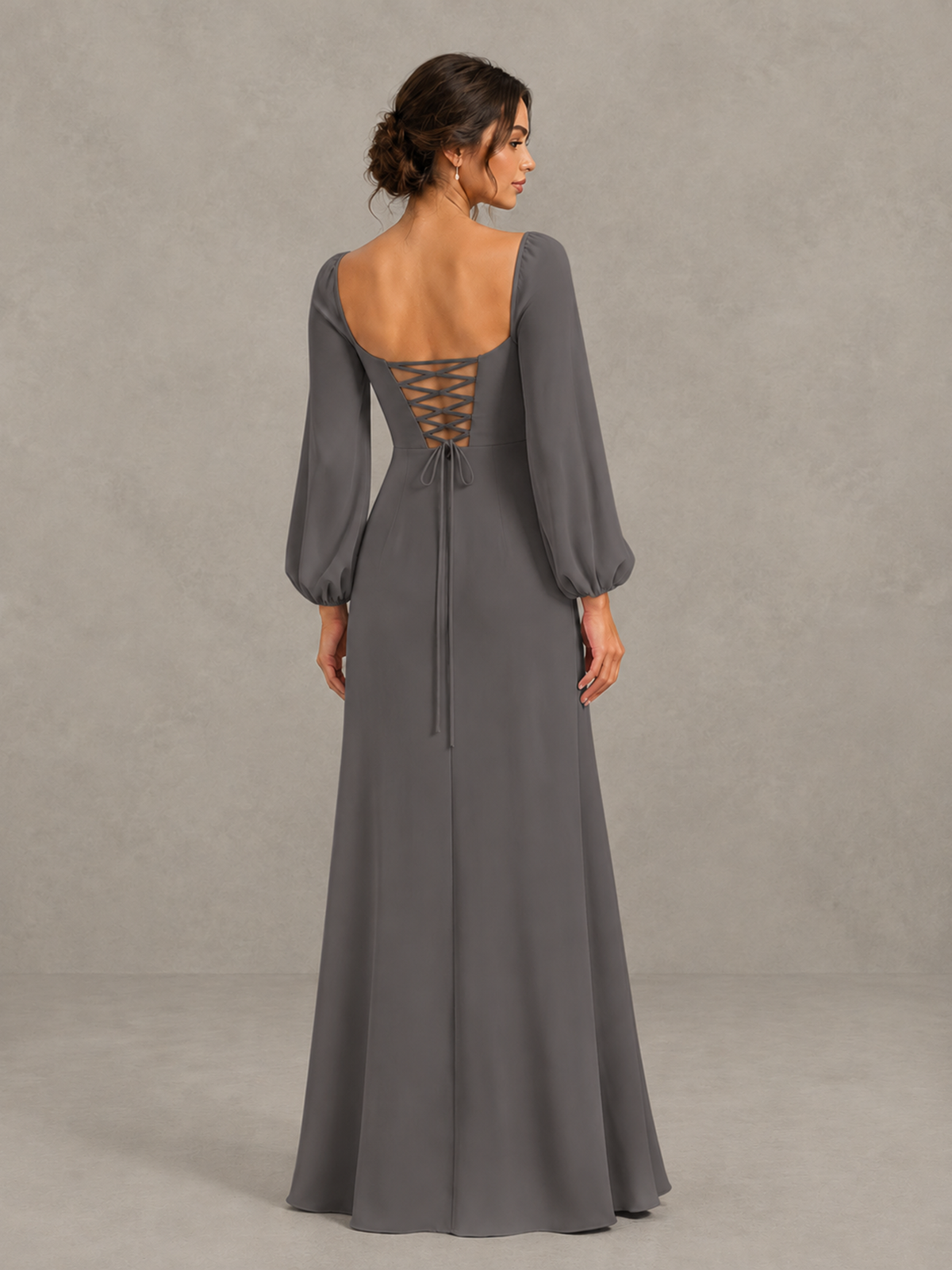 BOLODOO Grey Square Neck Long Sleeve Bridesmaid Dress with High Slit - Grey - Grey_2