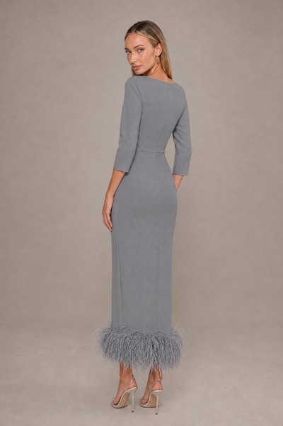 BOLODOO Grey Feather-Trim Twist-Waist Midi Dress - Grey - Grey_2