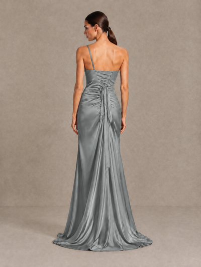 BOLODOO Grey One Shoulder Satin Evening Gown with High Slit and Sweep Train - Grey - Grey_2