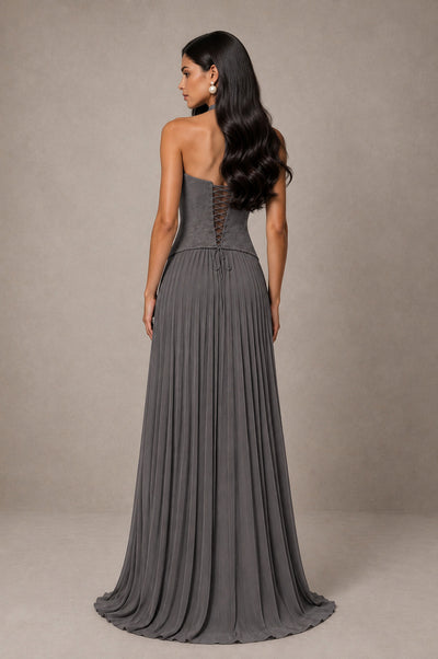 BOLODOO Grey Halter Corset Pleated A-Line Evening Dress - Grey - Grey_2