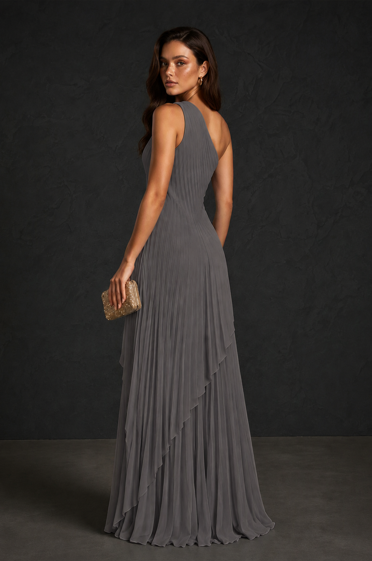 BOLODOO Grey One-Shoulder Sunburst Pleated Asymmetric Layered Overlay Accordion Pleated Chiffon Maxi Dress - Grey