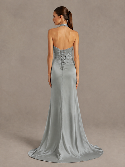 BOLODOO Grey Halter Satin Evening & Prom Dress with High Slit - Grey - Grey_2