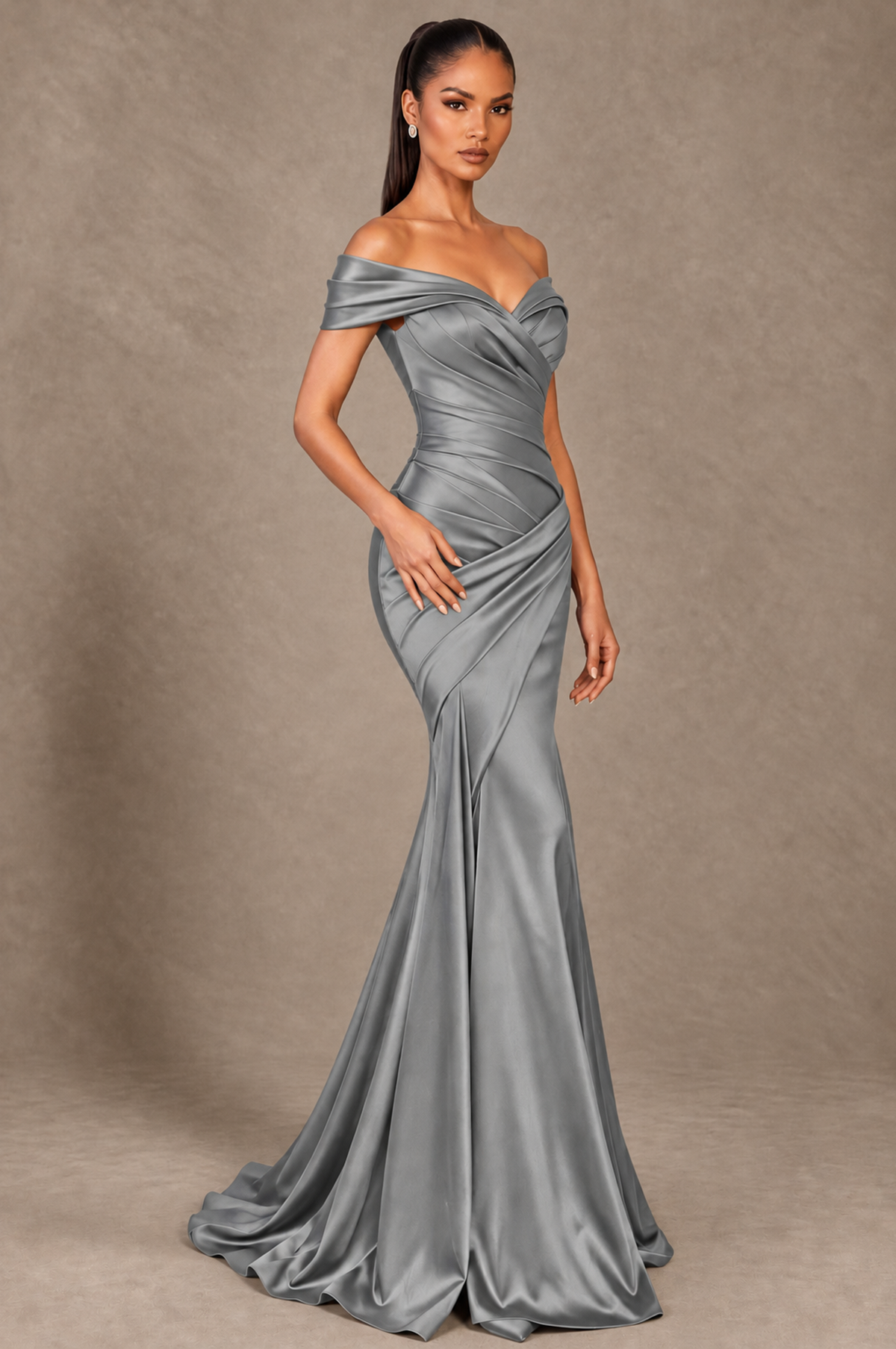 BOLODOO Grey Off-the-Shoulder Ruched Satin Mermaid Evening Dress - Grey - Grey_2