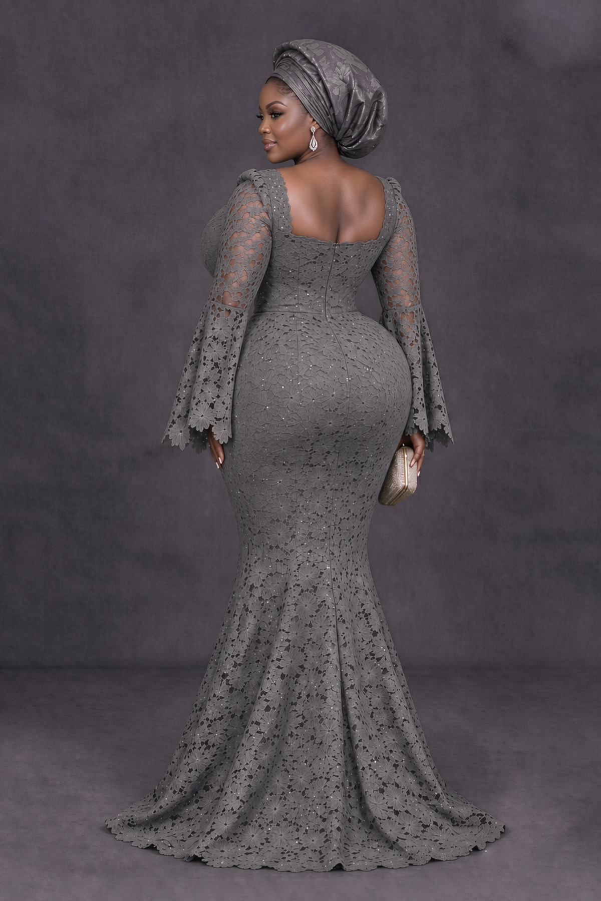 BOLODOO Grey African Lace Mermaid Dress, Plus Size Nigerian Wedding Guest Gown with Bell Sleeves - Grey - Grey_2