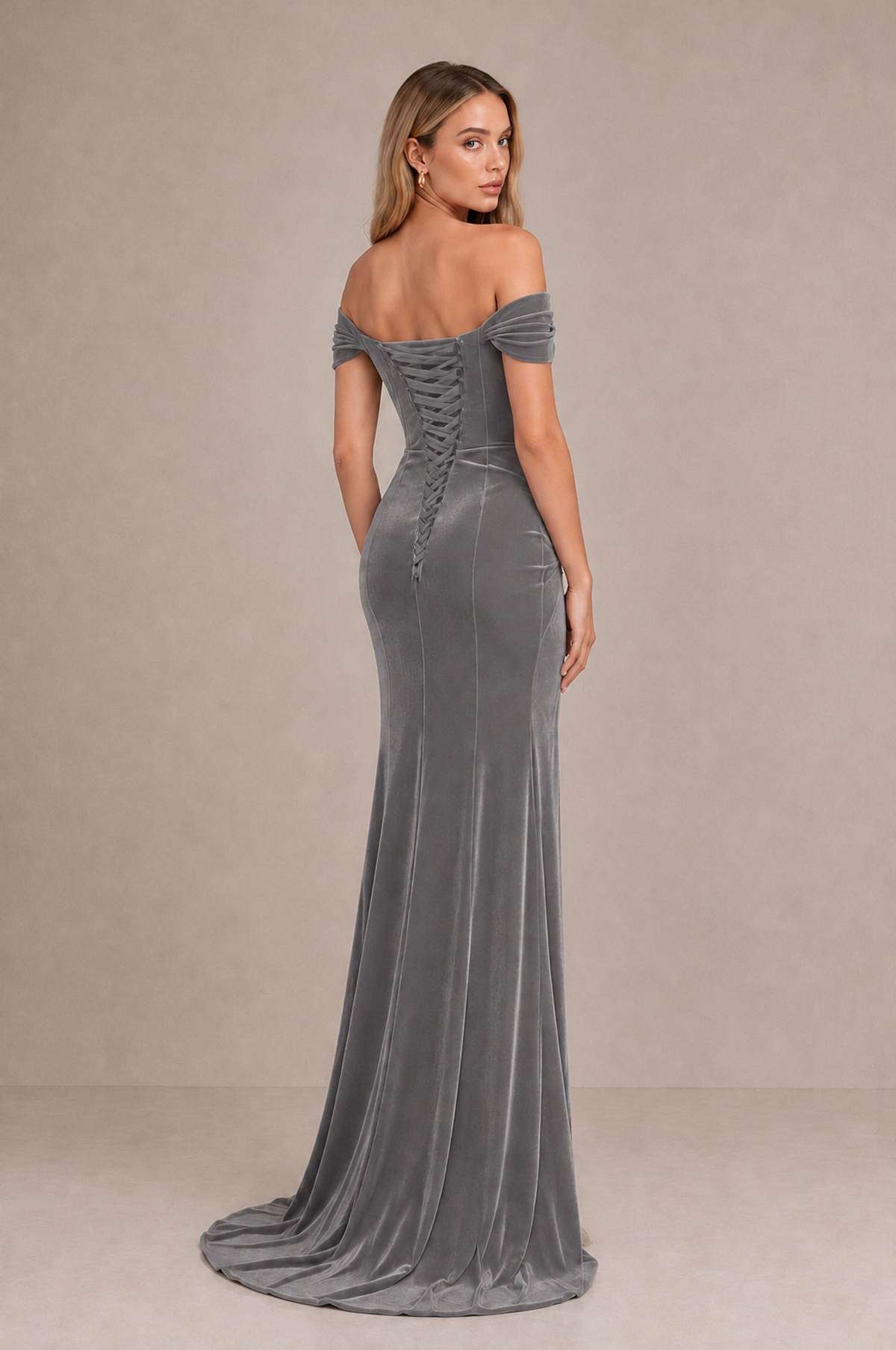 BOLODOO Grey Velvet Off-Shoulder Ruched High Slit Evening Dress - Grey - Grey_2