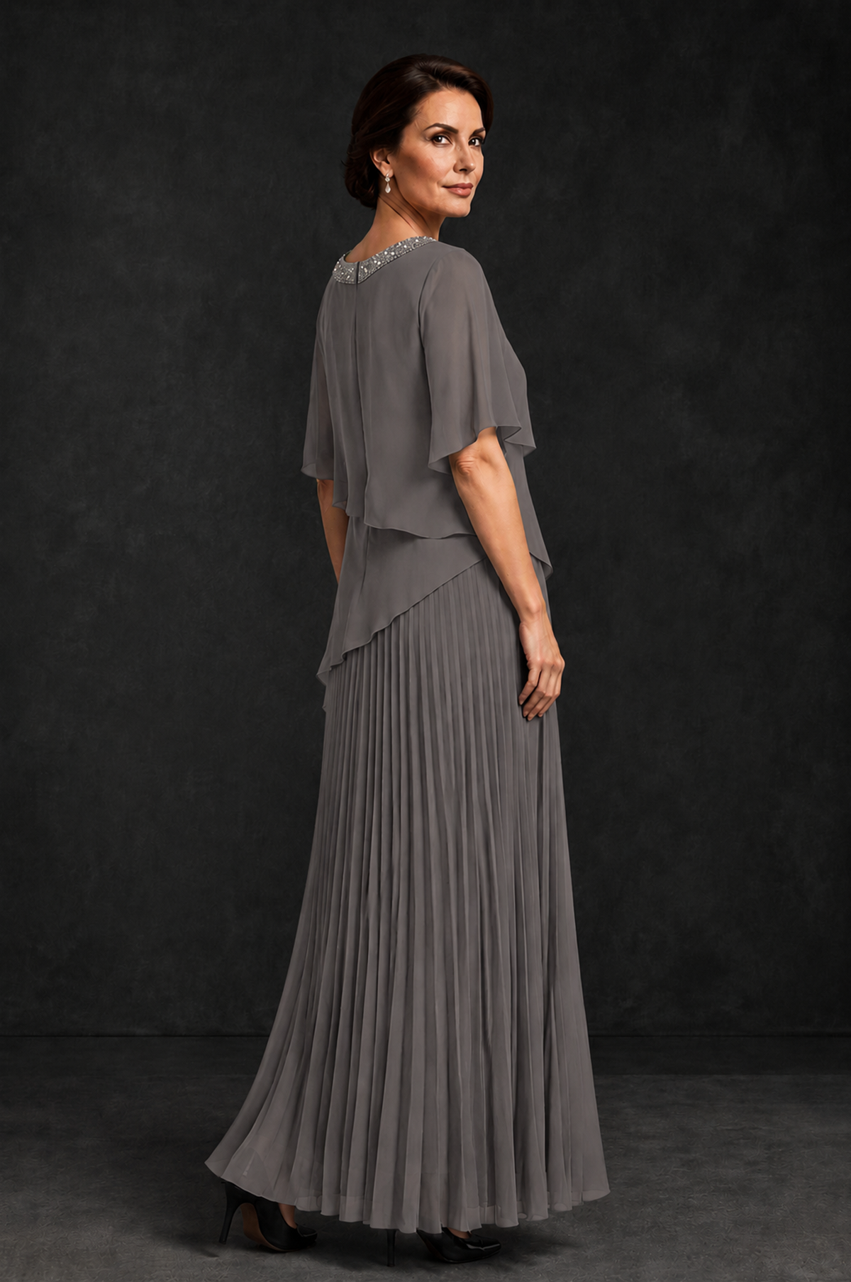 BOLODOO Grey Pearl Beaded Neck Asymmetric Tiered Flutter Sleeve Pleated Chiffon Maxi Dress - Grey - Grey_2
