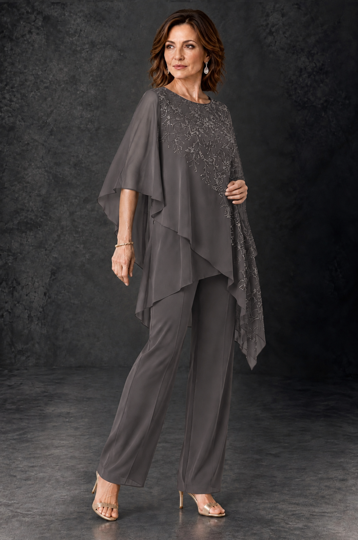BOLODOO Grey Embellished Cape Pant Suit for Mother of the Bride - Grey - Grey_2