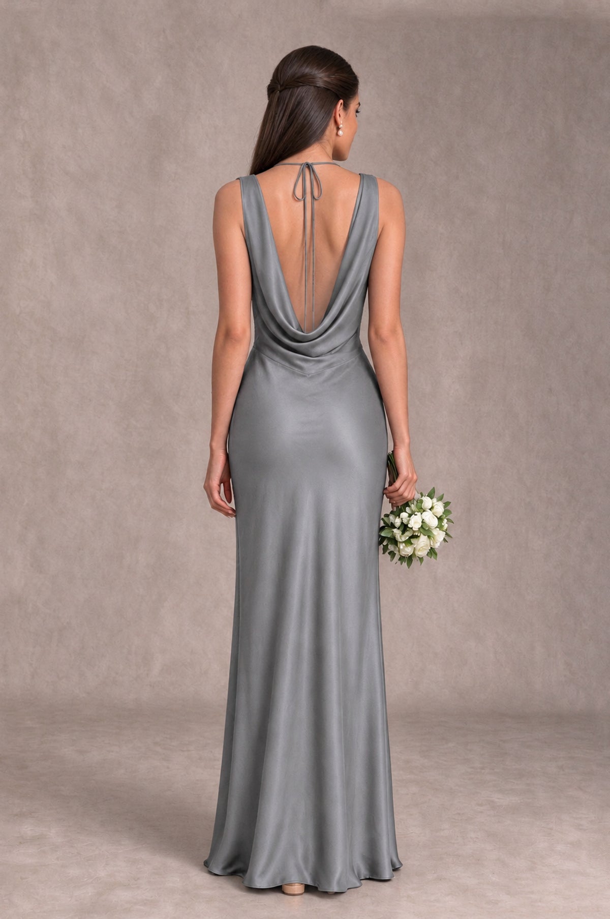 BOLODOO Grey Cowl Neck Open Back Satin Bridesmaid Dress - Grey - Grey_2