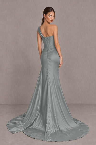 BOLODOO Grey One Shoulder Satin Mermaid Evening Dress with Ruched Slit Skirt - Grey - Grey_2