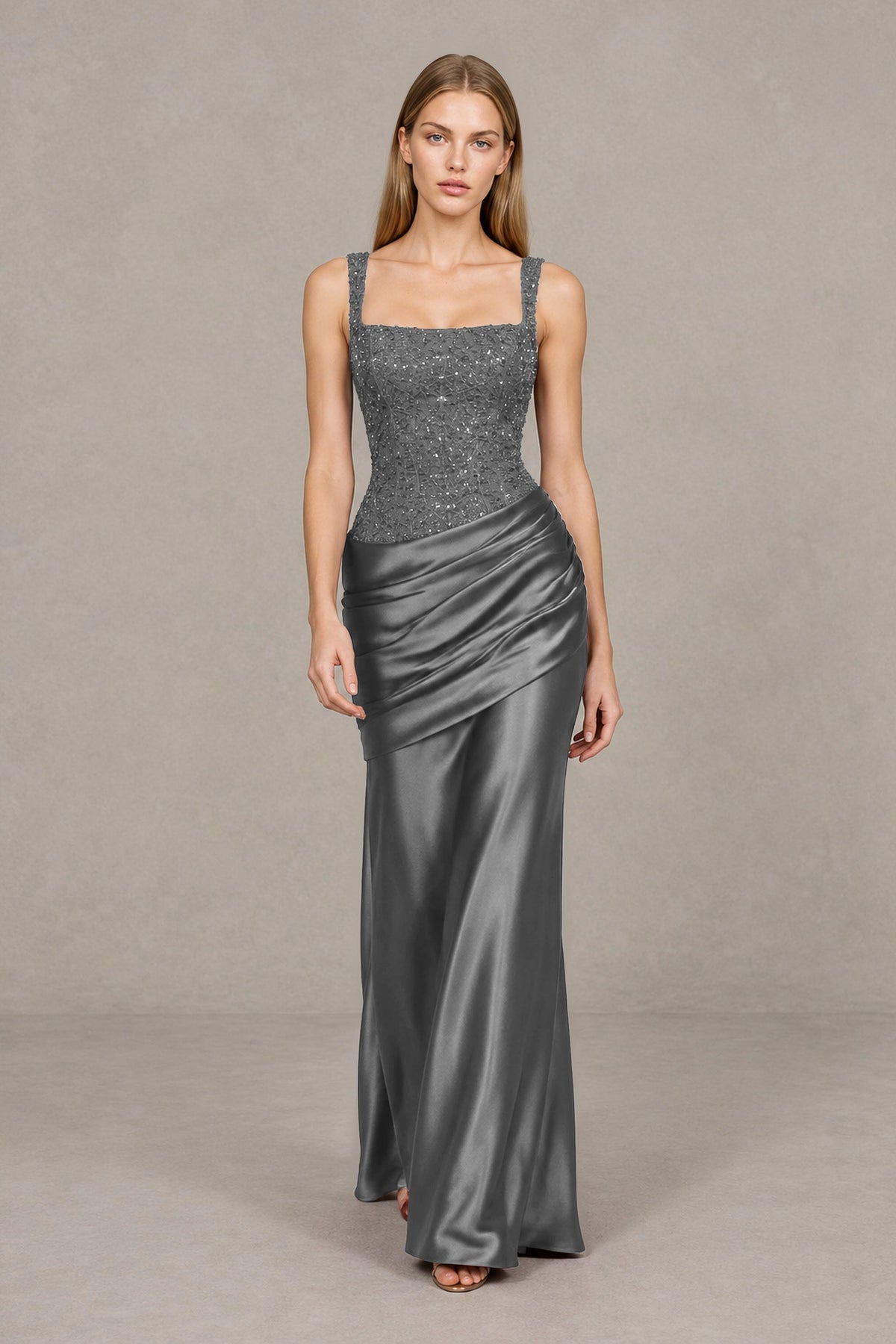 BOLODOO Grey Square Neck Embellished Satin Evening Gown - Grey