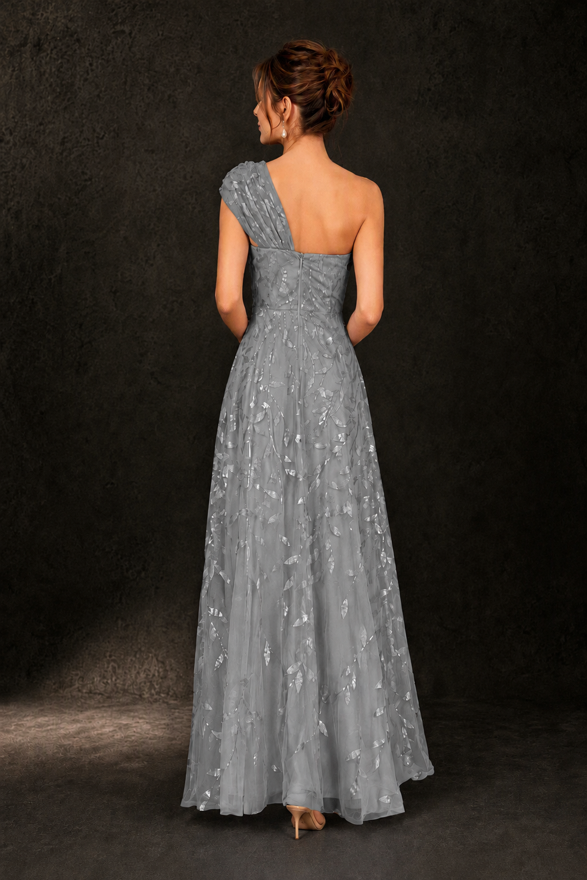 BOLODOO Grey Leaf Sequin One-Shoulder A-Line Maxi Gown – Mother of the Bride & Formal Evening Dress - Grey - Grey_2
