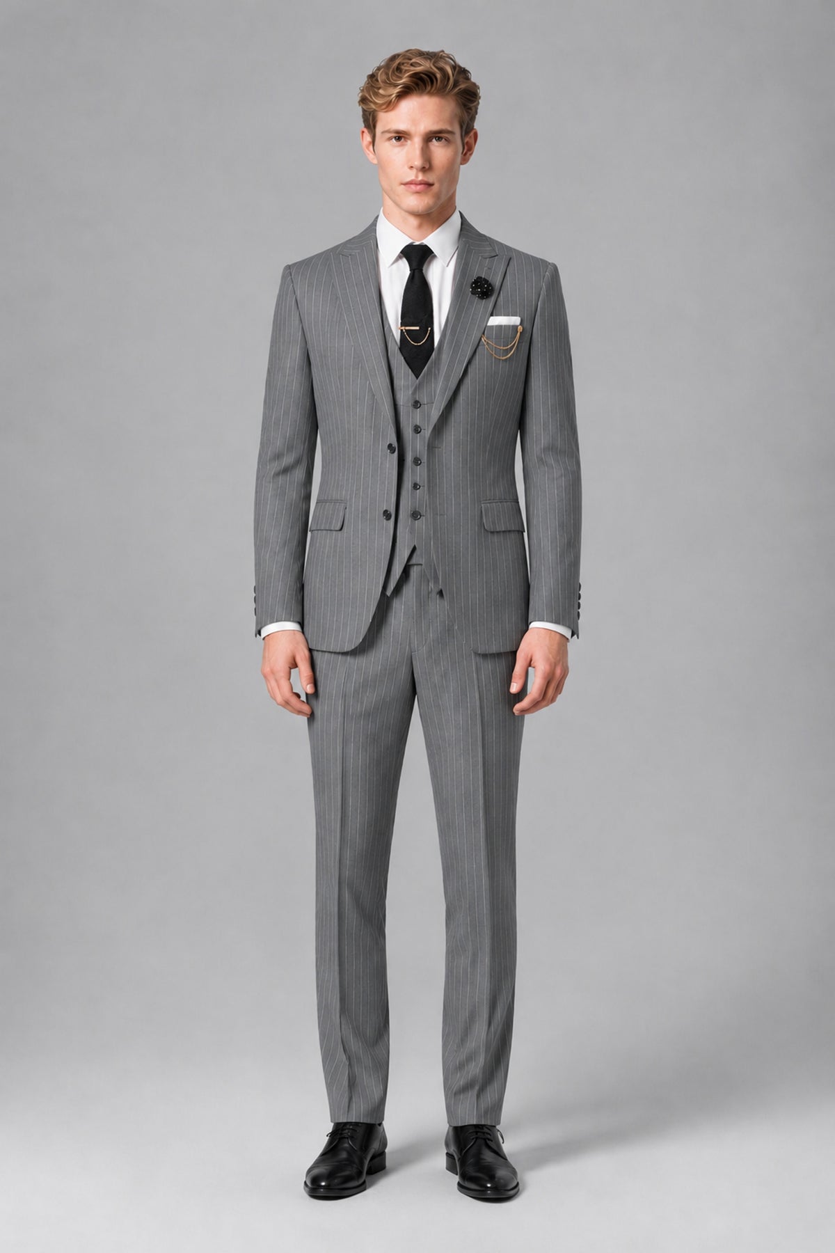 Bolodoo Men's Grey Pinstripe 3-Piece Suit – Jacket, Vest & Trousers - Grey - Grey_2