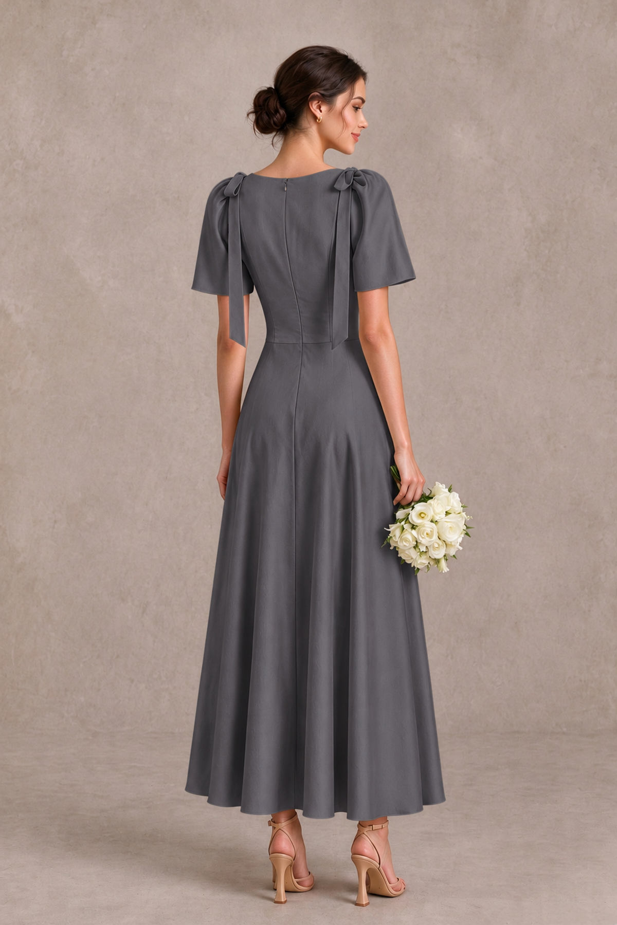 BOLODOO Grey V-Neck Short Sleeve Satin-Look Bridesmaid Dress with Shoulder Bows - Grey - Grey_2