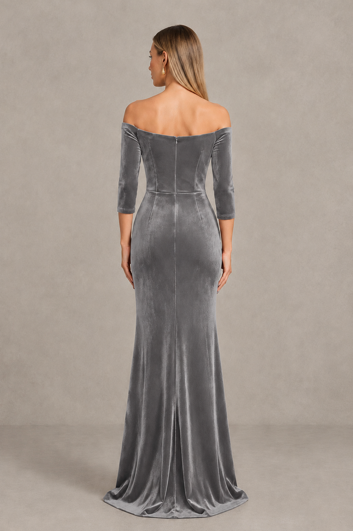 BOLODOO Grey Off-Shoulder Velvet Evening Dress with High Slit - Grey - Grey_2