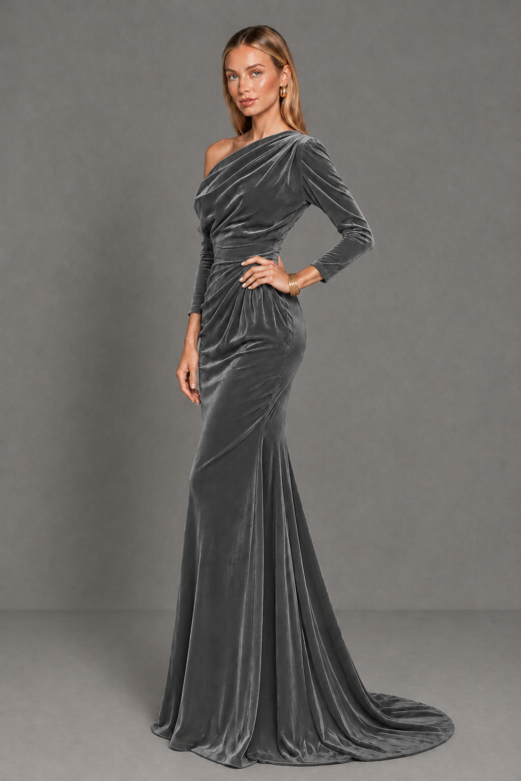 BOLODOO Grey Velvet Asymmetric Neck Mermaid Evening Dress - Grey - Grey_2