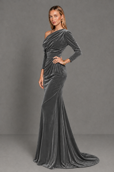 BOLODOO Grey Velvet Asymmetric Neck Mermaid Evening Dress - Grey - Grey_2
