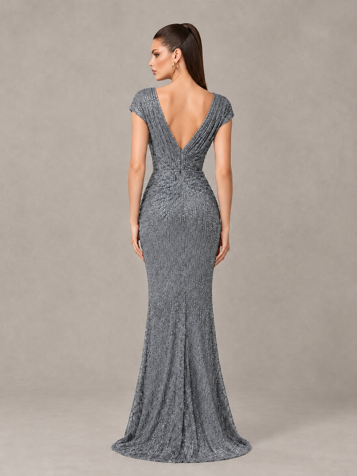 BOLODOO Grey Glitter V-Neck Cap Sleeve Ruched Mermaid Evening Gown - Grey - Grey_2