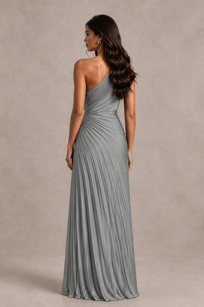 BOLODOO Grey One Shoulder Pleated Evening Dress with Ruched Waist and High Slit - Grey - Grey_2