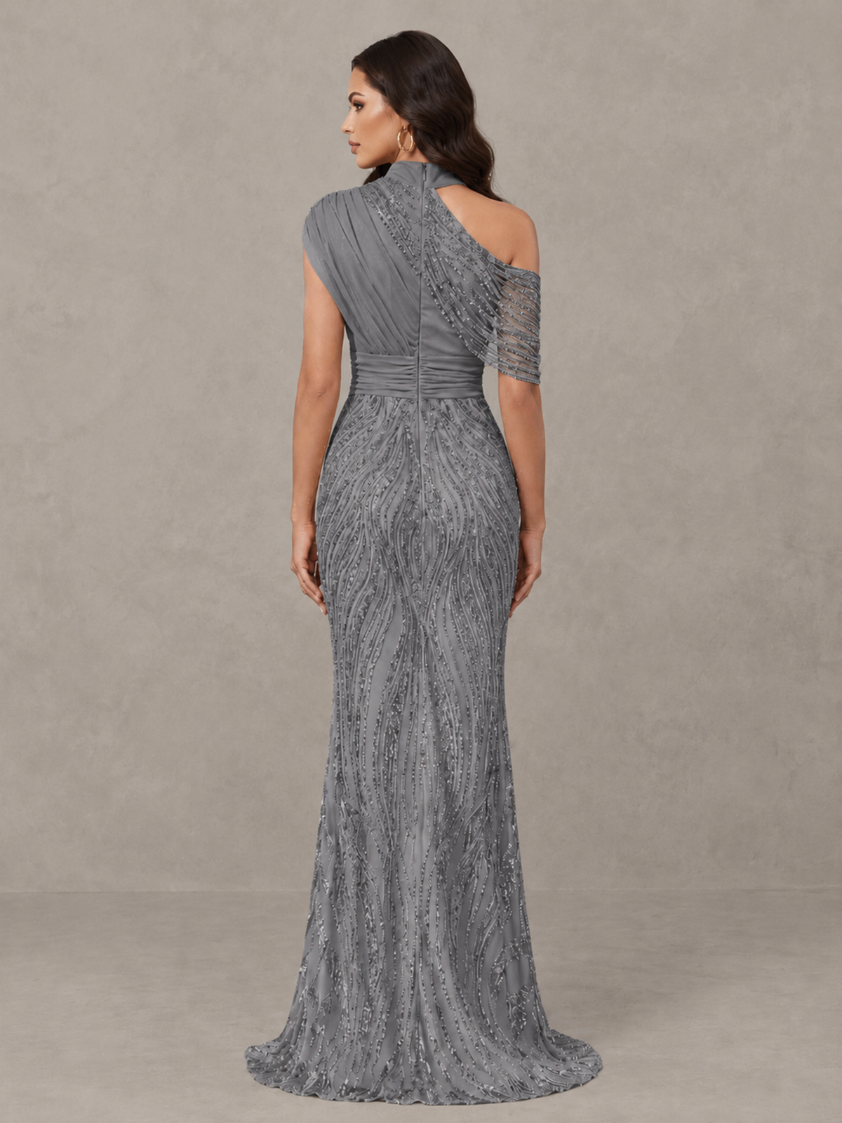 BOLODOO Grey High Neck Draped Sequin Mermaid Evening Gown - Grey - Grey_2