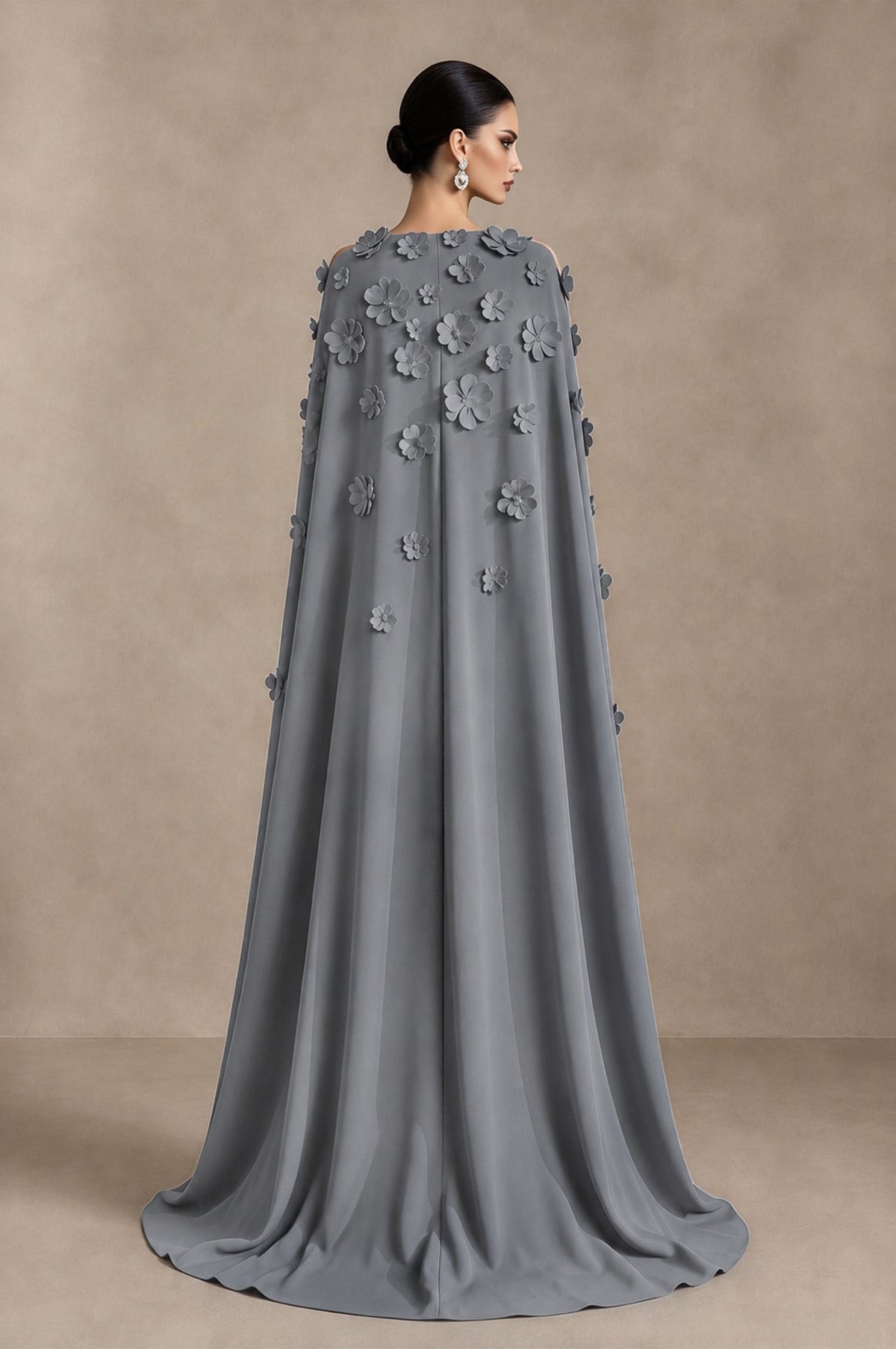 BOLODOO Grey 3D Floral Applique Cape Formal Dress - Grey - Grey_2