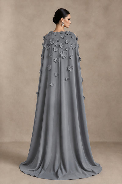 BOLODOO Grey 3D Floral Applique Cape Formal Dress - Grey - Grey_2