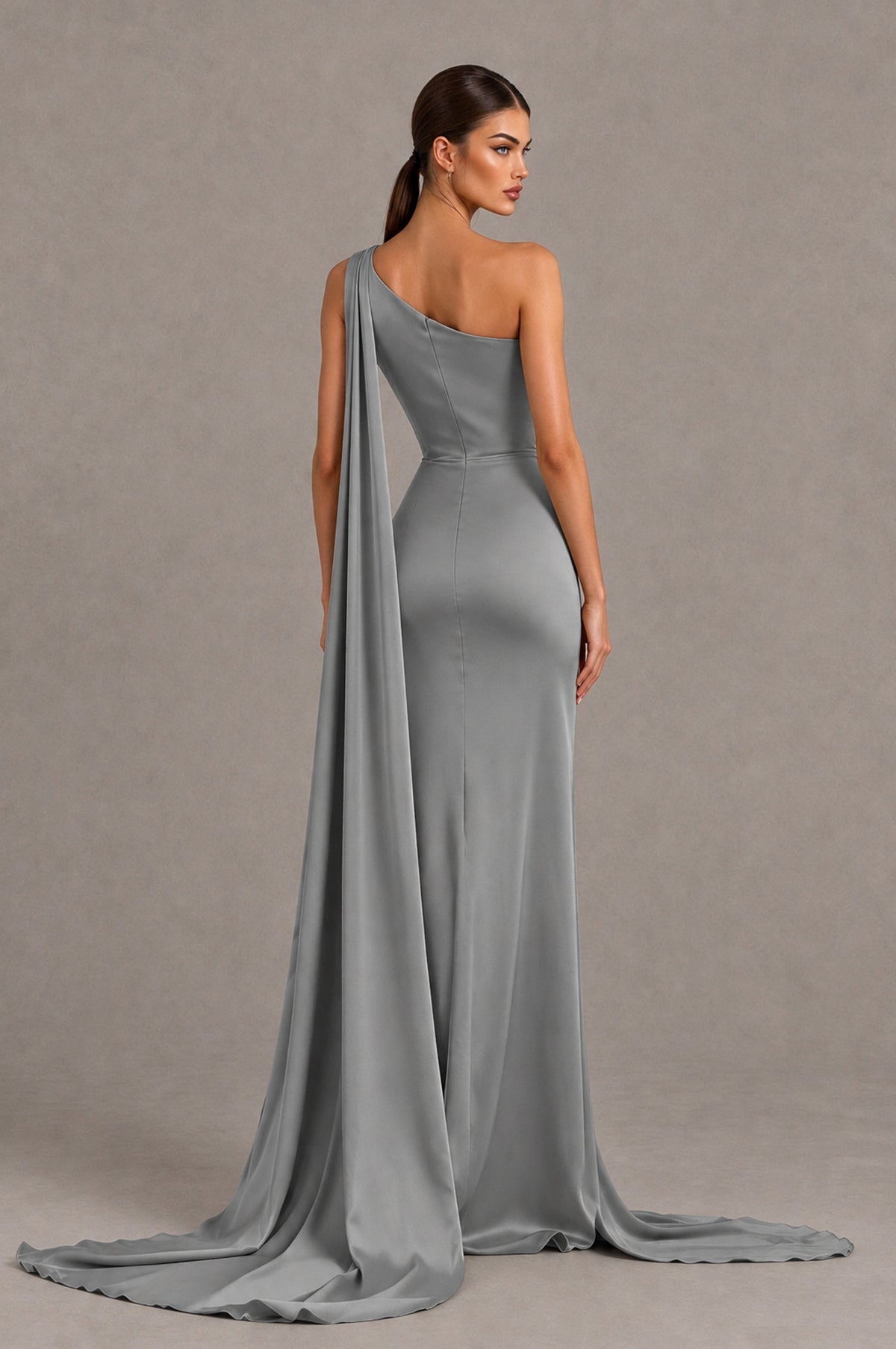 BOLODOO Grey One Shoulder Satin Evening Dress with High Slit and Draped Cape Train - Grey - Grey_2