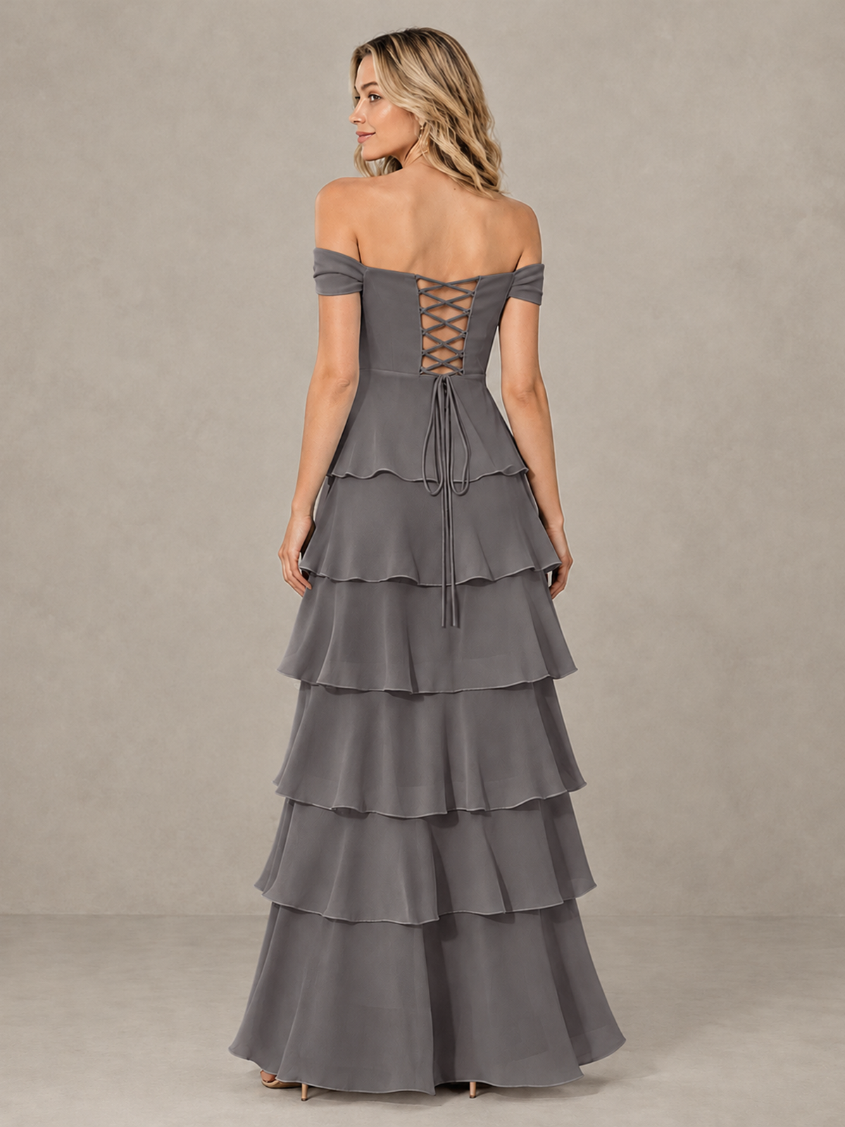 BOLODOO Grey Off-Shoulder Tiered Ruffle Bridesmaid Dress with Lace-Up Back - Grey - Grey_2