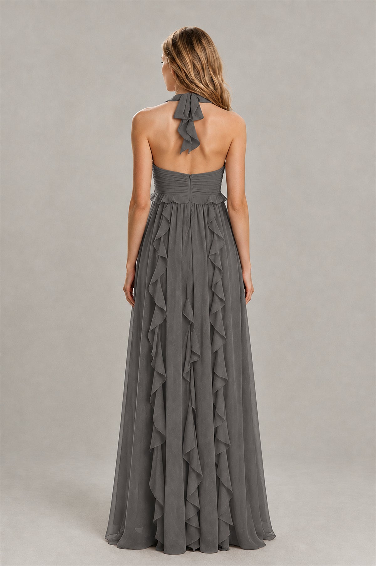 BOLODOO Grey Halter Ruffle A-Line Floor-Length Evening Dress - Grey - Grey_2