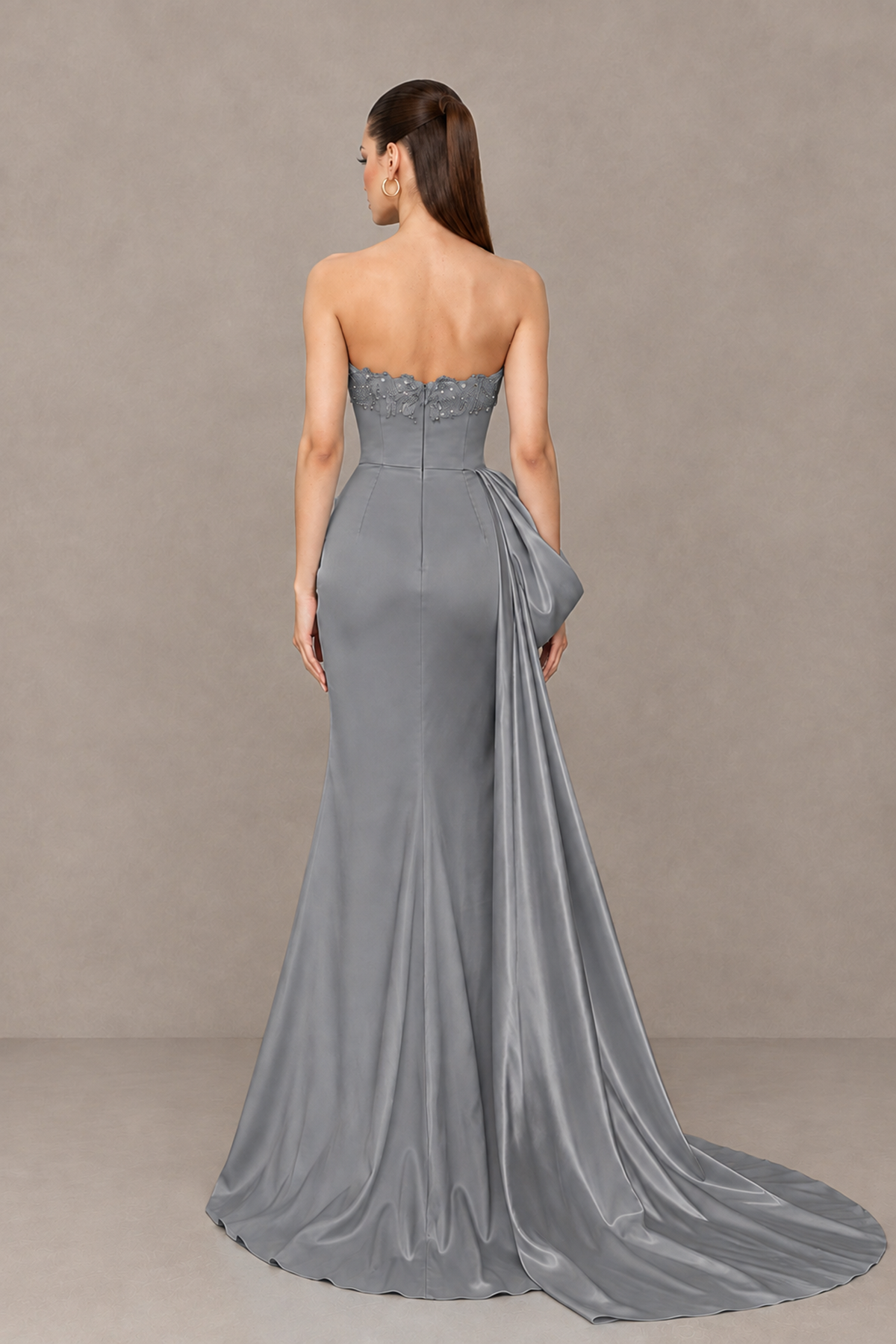 BOLODOO Grey Strapless Satin Prom Dress with Draped Side Train - Grey - Grey_2