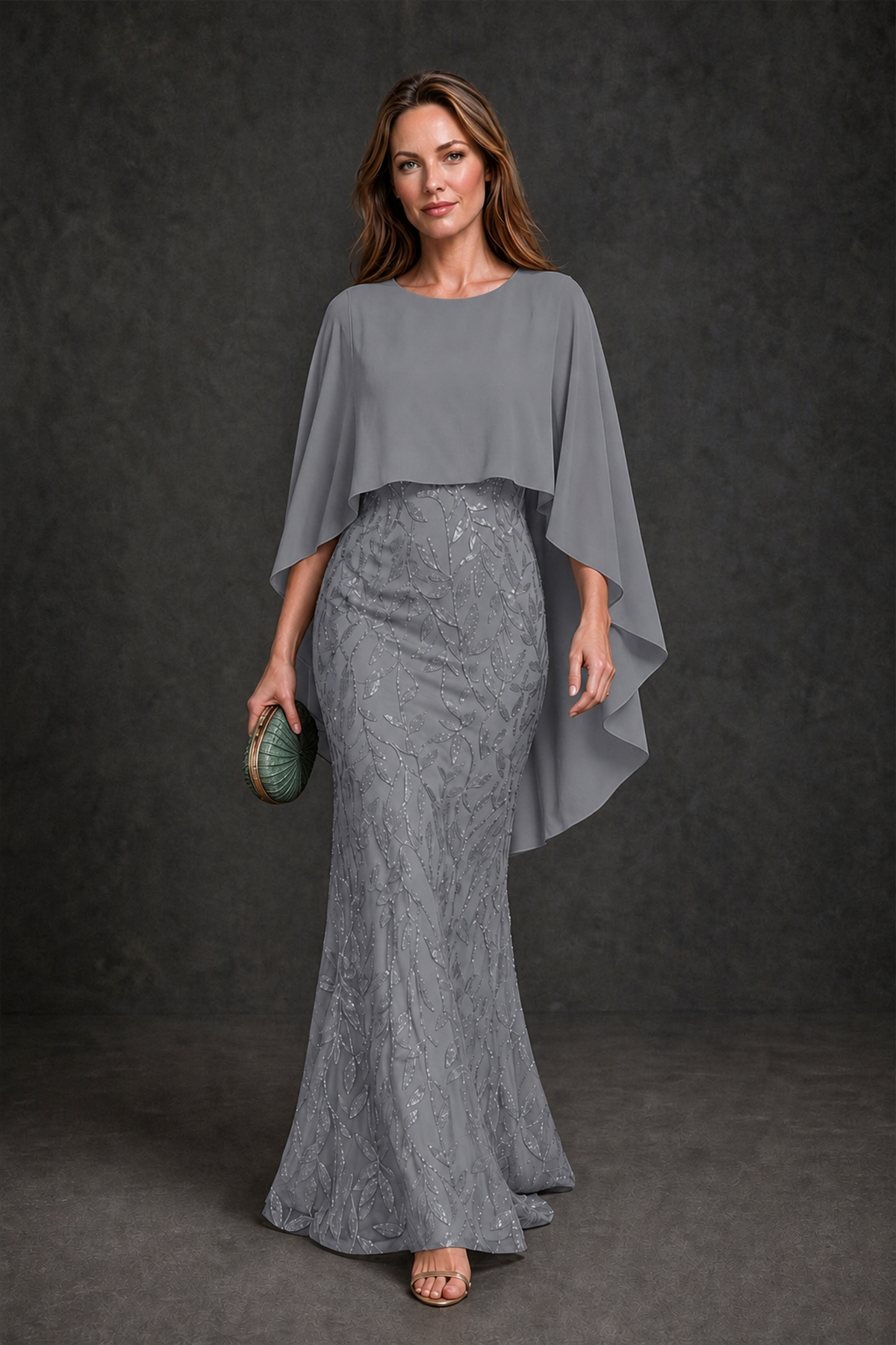 BOLODOO Grey Round Neck Chiffon Cape Overlay Sequin Lace Mermaid Maxi Dress - Grey - Grey_2