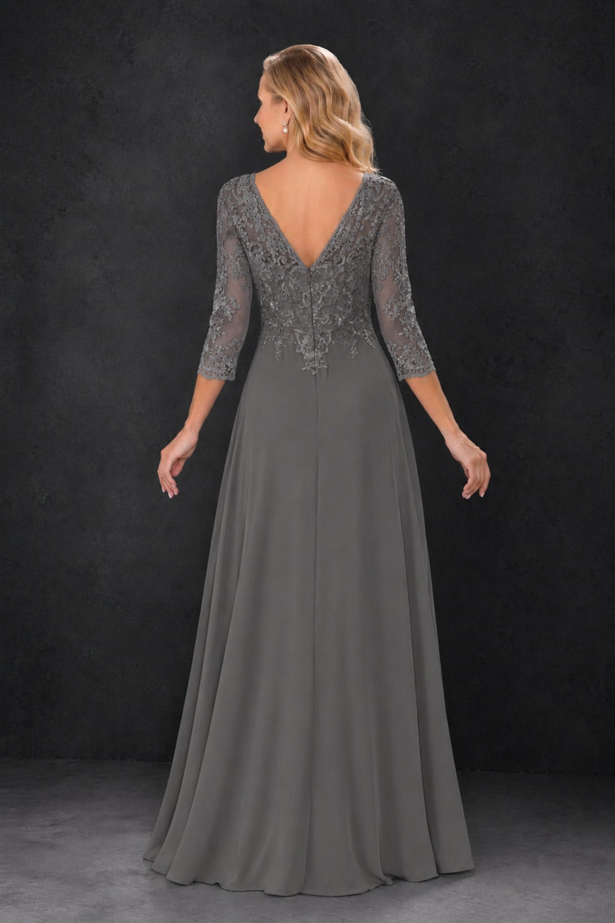 BOLODOO Grey Lace Embroidered Mother of the Bride Dress with 3/4 Sleeves - Grey