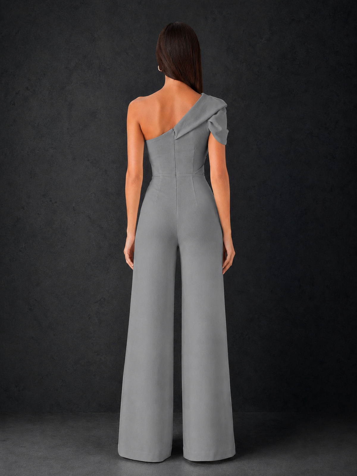 BOLODOO Grey One-Shoulder Puff Sleeve Wide-Leg Jumpsuit with Front Slit and Open Back - Grey