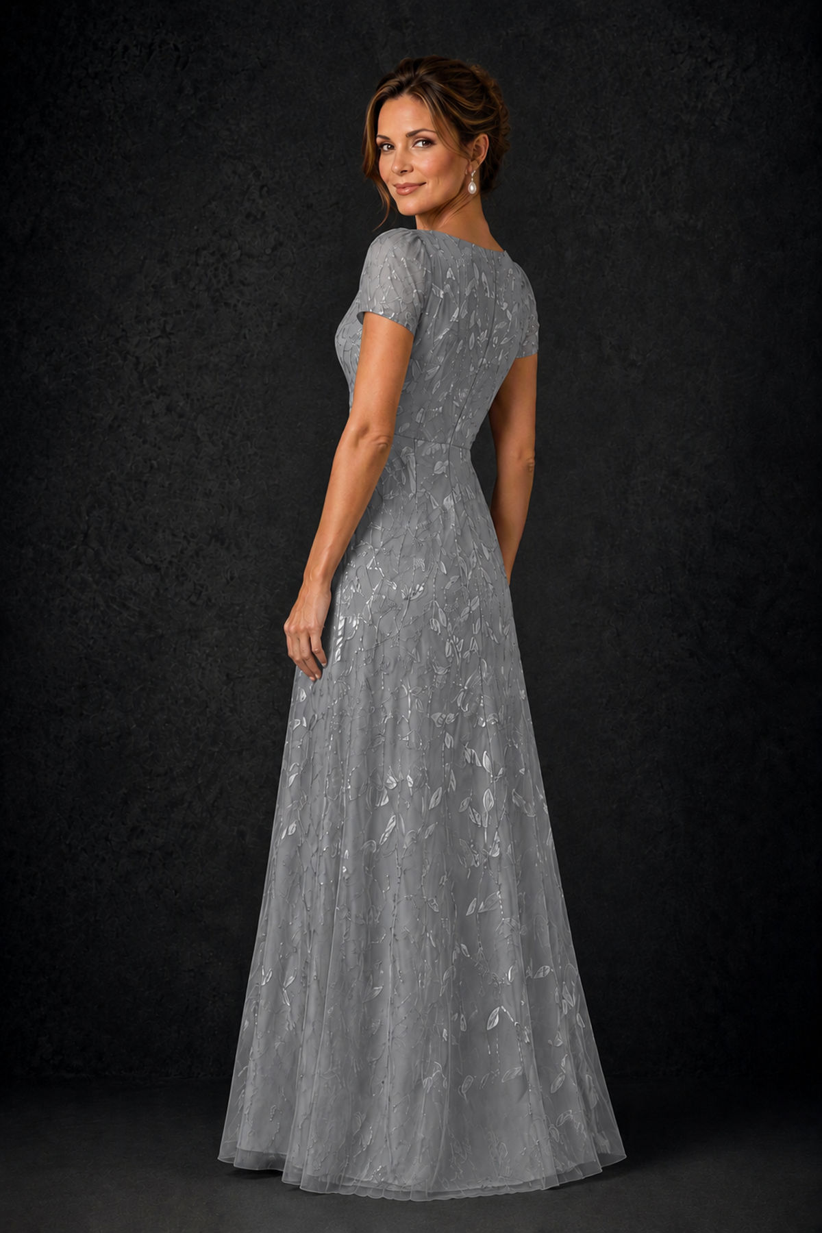 BOLODOO Grey Leaf Embroidered A-Line Formal Gown with Cap Sleeves - Grey - Grey_2