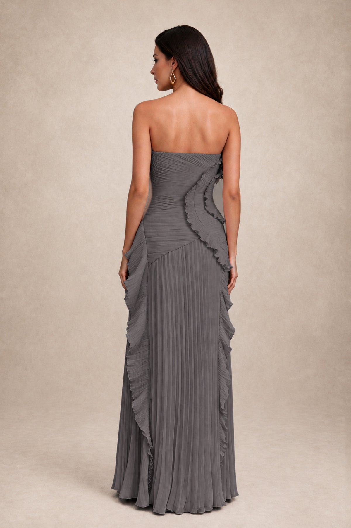 BOLODOO Grey Strapless Ruffle Pleated Slit Evening Gown - Grey - Grey_2