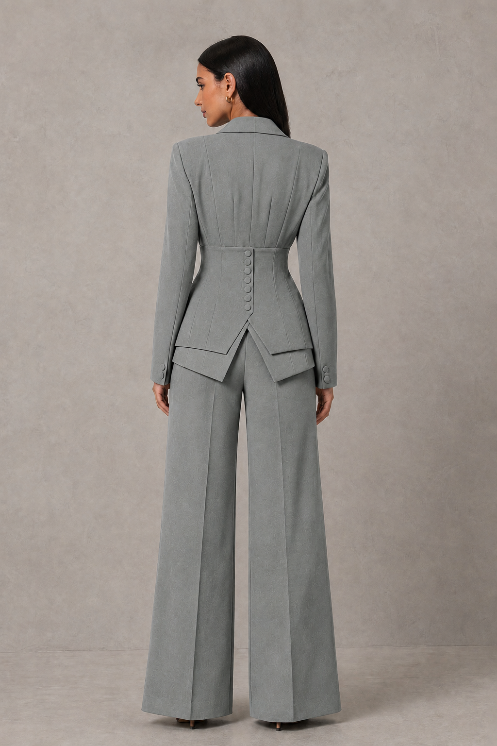 BOLODOO Grey Cinched Waist Blazer and Wide Leg Pants Two Piece Suit Set - Grey