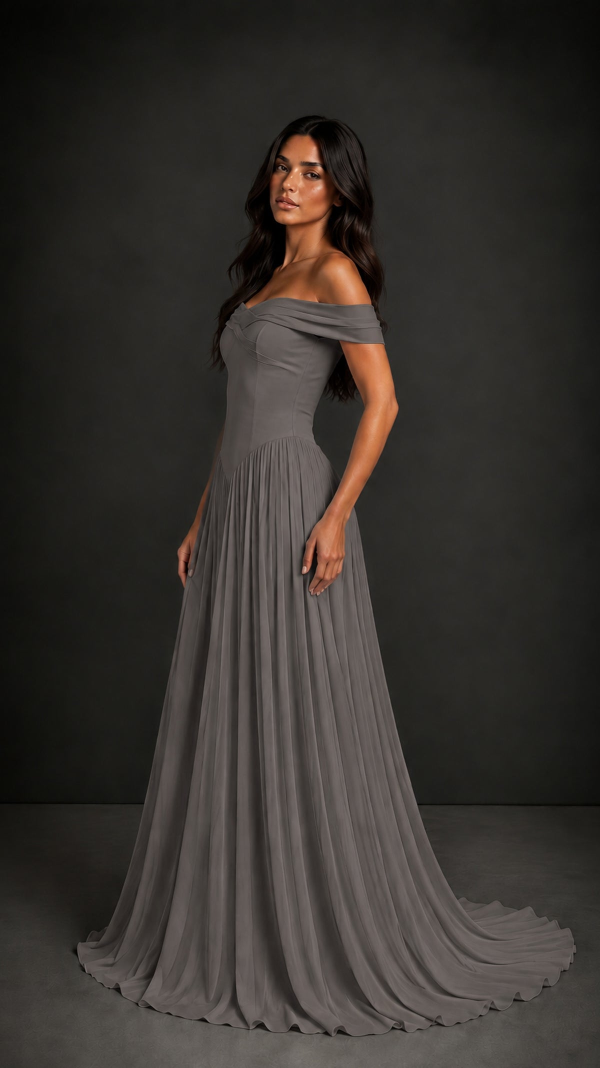 BOLODOO Grey Off-Shoulder Sweetheart Corset Pleated Chiffon Maxi Dress - Grey